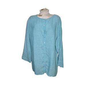 Tahari 2X Teal Linen Blouse Camp Roll Sleeves‎